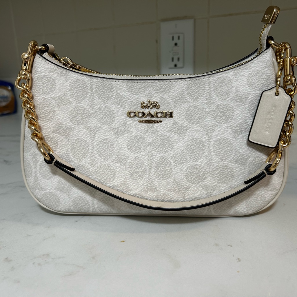 Coach White Signature Canvas Mini Shoulder Bag With Gold Hardware